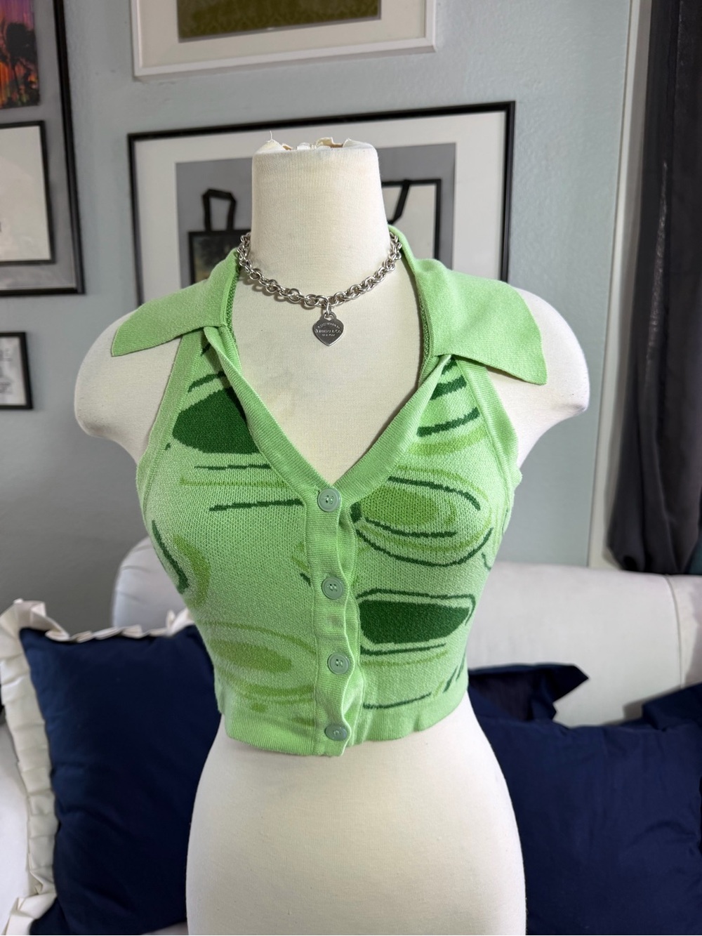 Y2K Green Patterned Button-Front Knit Halter Top